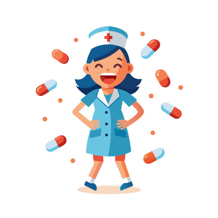 Cheerful Cartoon Nurse Surrounded by Pills, Promoting Healthcare Solutions and Well-beingのイラスト素材