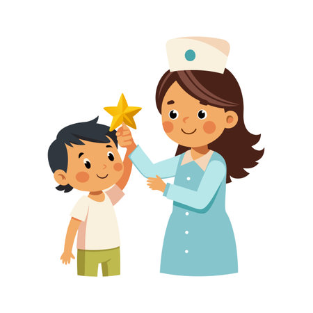 Illustration of a smiling nurse giving a gold star award to a young patientのイラスト素材