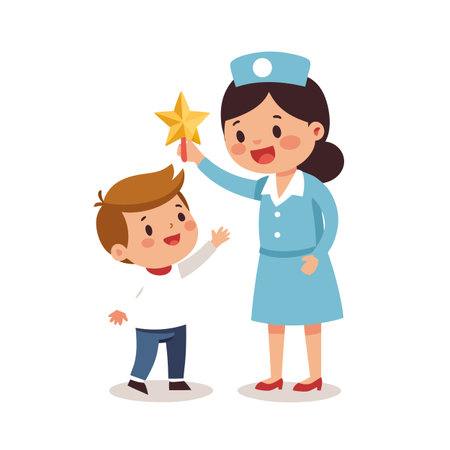 Friendly Nurse with Star Wand Entertaining a Young Patient in a Flat Vector Styleのイラスト素材