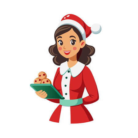 Cartoon woman in Santa outfit holding a plate of cookies for holiday seasonのイラスト素材
