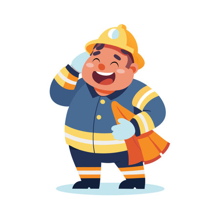 Cheerful Cartoon Firefighter with Axe Waving Hello on White Backgroundのイラスト素材