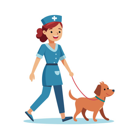 Veterinarian nurse walking with a dog on a leash, cartoon style illustrationのイラスト素材