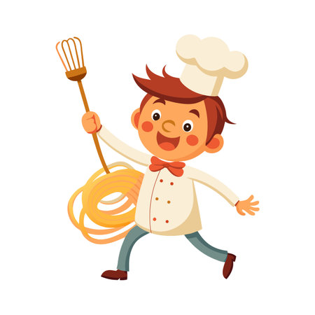 Joyful Cartoon Chef with Pasta and Whisk Ready for Cooking Adventureのイラスト素材