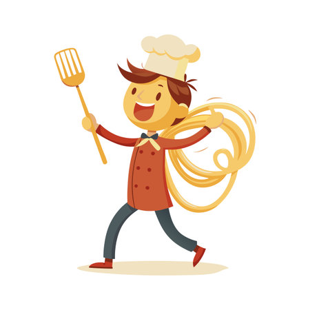 Cartoon Chef with Spaghetti and Spatula: A Fun Culinary Illustration for Kidsのイラスト素材