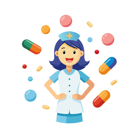 Cheerful Nurse with Floating Medication in Flat Design Style on White Backgroundのイラスト素材