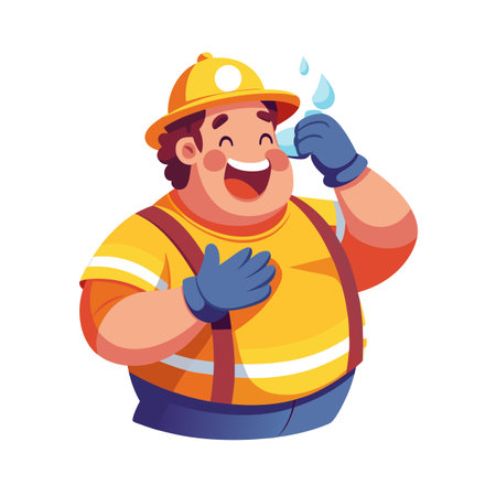 Happy cartoon firefighter wiping sweat, perfect for safety awareness and emergency services campaignsのイラスト素材