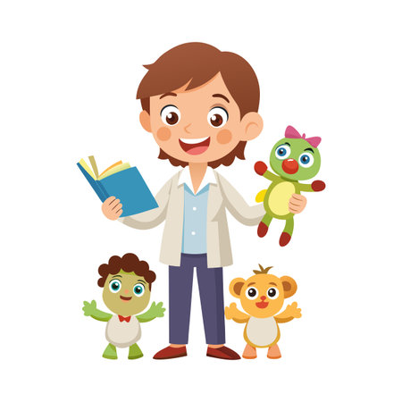Playful Educator Holding Book and Stuffed Toys for Children's Learning Illustrationのイラスト素材