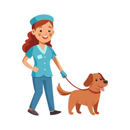 Veterinarian Walking Brown Dog on Leash in Flat Cartoon Styleのイラスト素材