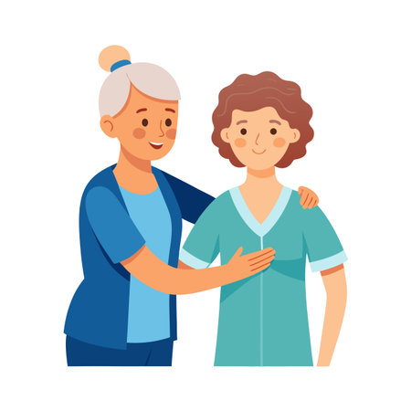 Elderly woman comforting a young woman in hospital, vector style illustrationのイラスト素材