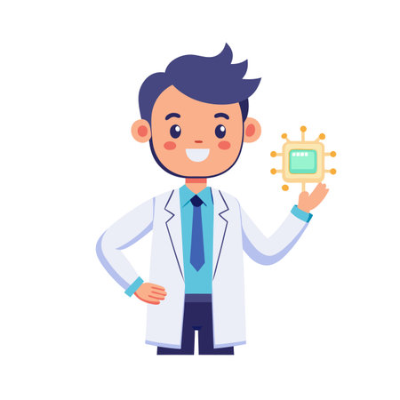Scientist Holding Microchip: Depicting Technology, Science, and Future Innovations in a Clean Flat Illustrationのイラスト素材