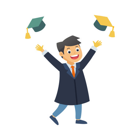 Illustration of a happy graduate throwing graduation caps in the air celebrating graduationのイラスト素材