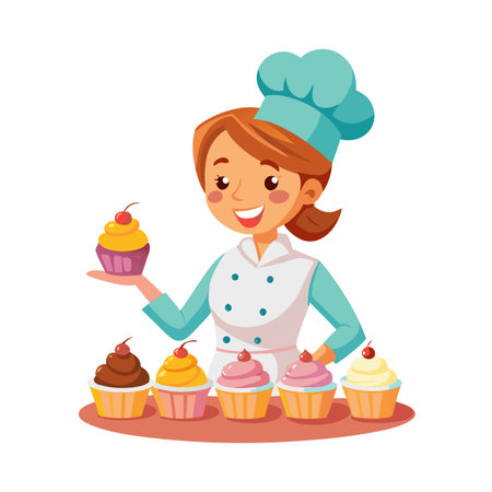 Cartoon pastry chef displaying a colorful variety of cupcakes on a serving plateのイラスト素材
