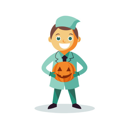 Cartoon doctor holding a carved Halloween pumpkin, isolated on white background, flat styleのイラスト素材