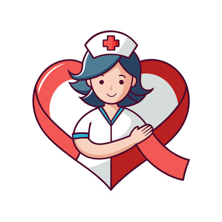 Cartoon nurse with red heart symbol for health awareness and medical illustrationのイラスト素材