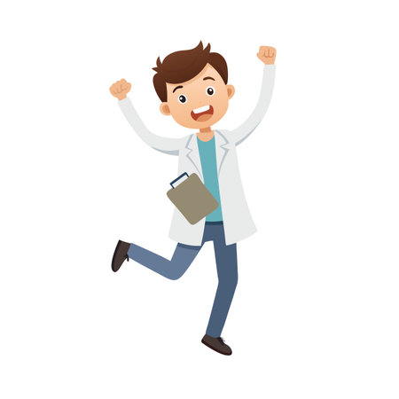 Happy Doctor Jumping with Excitement After a Successful Result in Cartoon Illustrationのイラスト素材