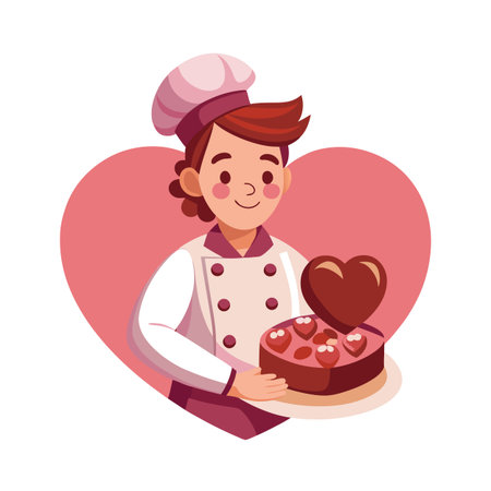 Female Chef with Chocolate Heart Cake for Valentine's Day in Flat Styleのイラスト素材