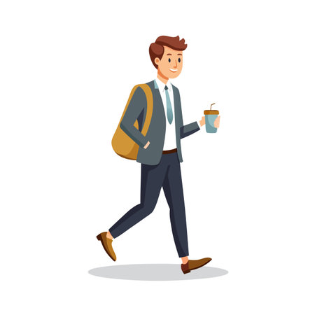 Cartoon businessman walks to work with coffee cup and bag over shoulderのイラスト素材