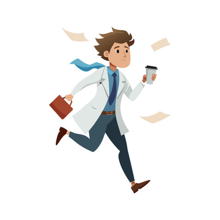 Rushing Doctor with Coffee and Briefcase Illustration: A Cartoon Image of Healthcare Professionalsのイラスト素材