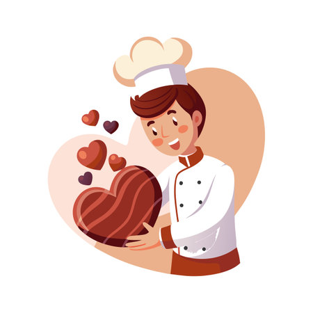 Chef holding a heart shaped chocolate with small hearts, vector illustration for Valentines Dayのイラスト素材