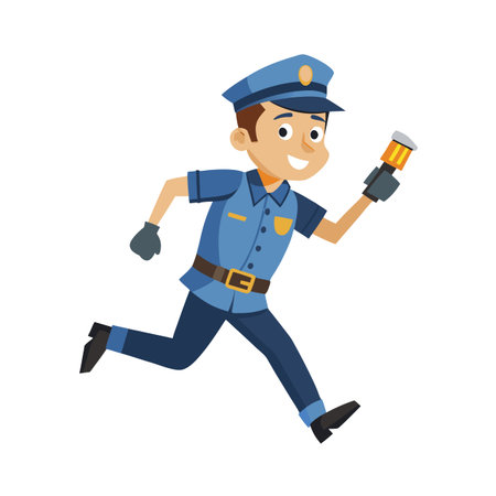 Animated police officer running with signal wand, cartoon style vector illustrationのイラスト素材