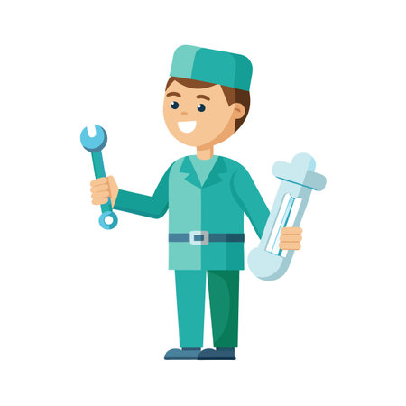 Cartoon technician character holding wrench and lightbulb standing on white backgroundのイラスト素材