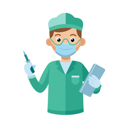 Cartoon surgeon in scrubs holding scalpel and clipboard isolated on white backgroundのイラスト素材