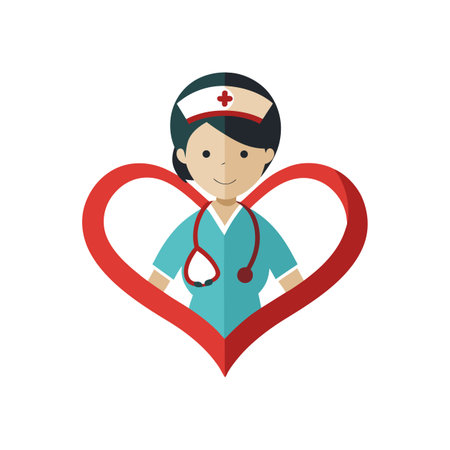 Cartoon nurse with stethoscope and red heart shape, flat design illustrationのイラスト素材