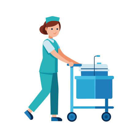 Nurse Pushing Medical Cart Vector Illustration on White Background, Flat Designのイラスト素材