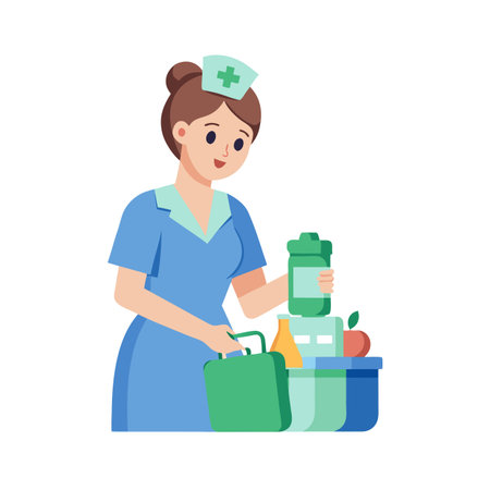 A nurse packing a lunch box with healthy food options for a breakのイラスト素材