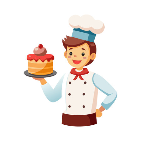 Happy cartoon pastry chef holding a delicious cake on a plate, isolated on whiteのイラスト素材