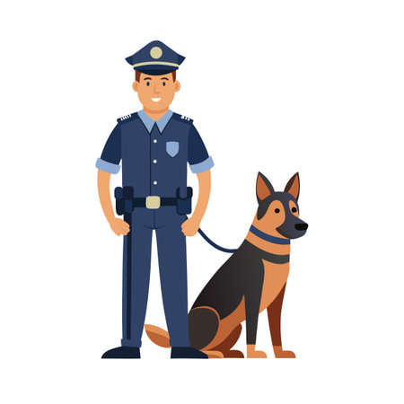 Police officer standing with a German Shepherd, showcasing law enforcement and teamwork illustrationのイラスト素材