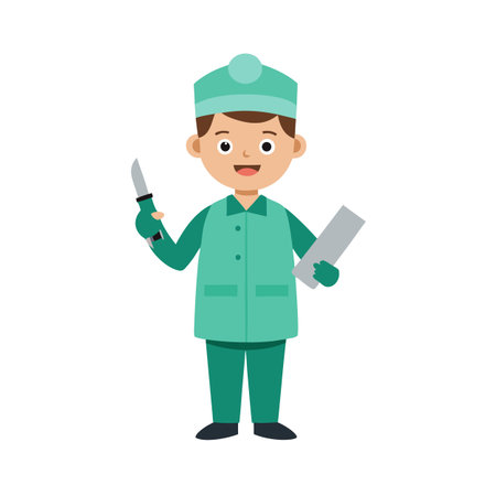 Cartoon Surgeon Character Holding Scalpel and Notepad in Flat Vector Illustrationのイラスト素材