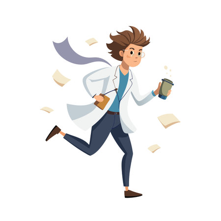 Cartoon doctor hurried with coffee and falling papers against a white backgroundのイラスト素材