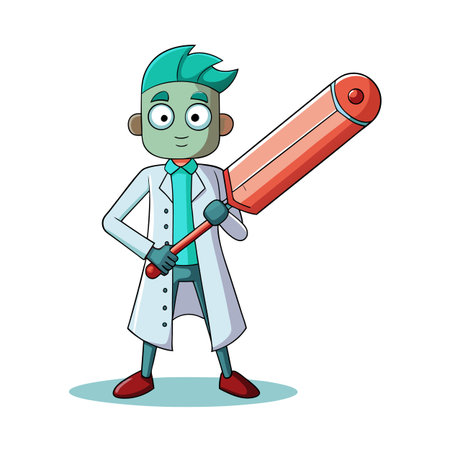 Cartoon scientist character holding oversized pencil with laboratory coat isolated on whiteのイラスト素材