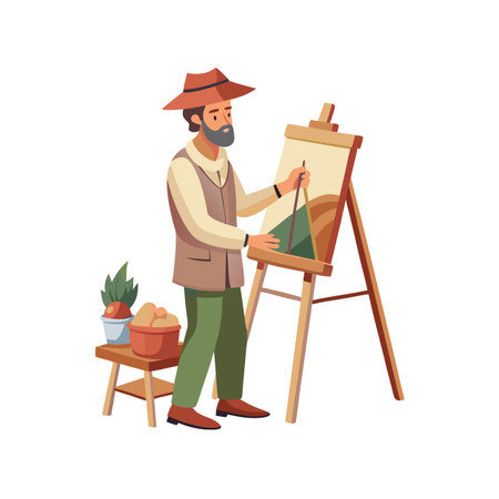 A cartoon artist in hat painting landscape scene on canvas with creative toolsのイラスト素材