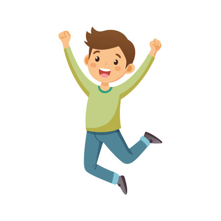 Happy young boy jumping with joy celebrating a victory in flat cartoon styleのイラスト素材