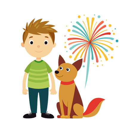 Child and Dog Celebrating with Fireworks, Joyful and Flat Design Style Illustrationのイラスト素材