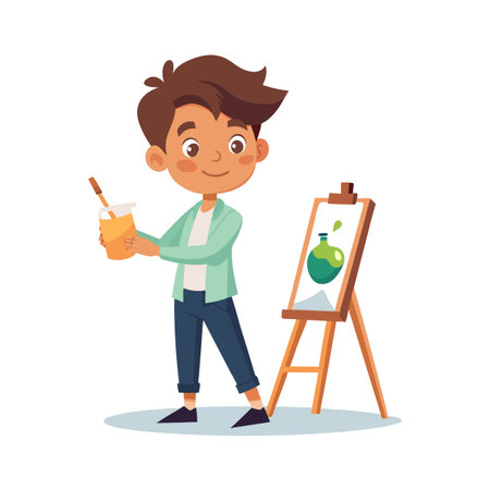 Boy paints chemistry flask on easel, exploring artistic expression with brush and vibrant colorsのイラスト素材