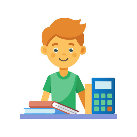 Boy with books and calculator at desk, educational supplies, learning environment, simple vector illustrationのイラスト素材