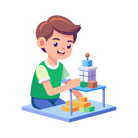 Young boy playing with colorful building blocks on a small table in a vector illustrationのイラスト素材