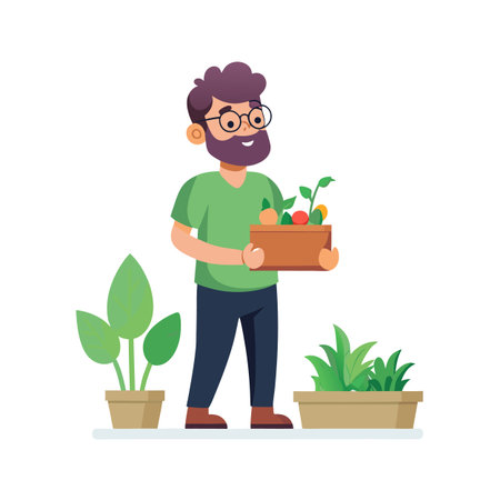 Happy bearded gardener holding harvested organic vegetables and plants standing next to potted greensのイラスト素材