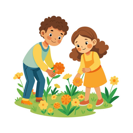 Kids harvesting marigold flowers in a garden, illustration of a boy and a girlのイラスト素材