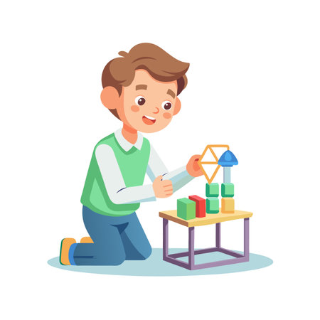 Young boy constructing toy structure with building blocks on small table illustrationのイラスト素材
