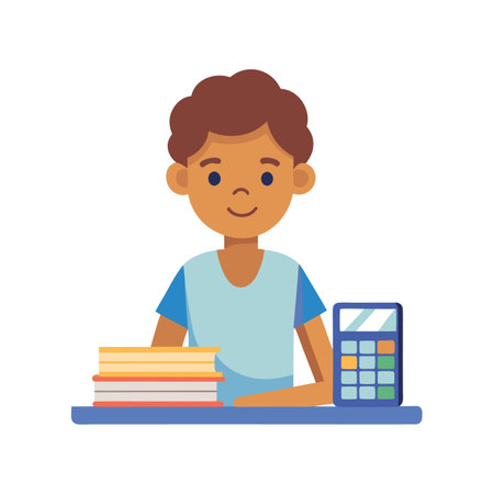 Young boy with books and calculator flat vector illustration for education projectsのイラスト素材