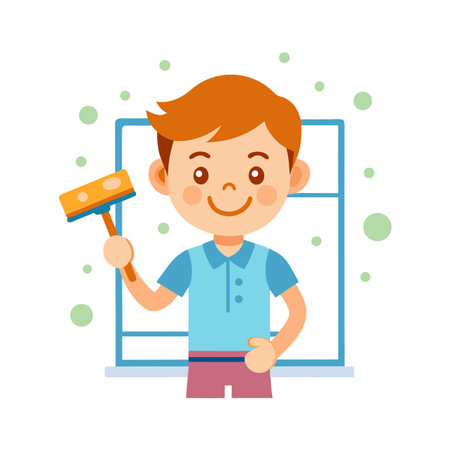 Boy cleans window with squeegee, cartoon character with cleaning tool, flat designのイラスト素材