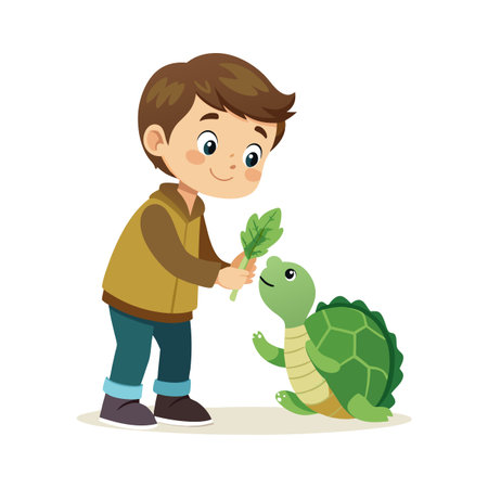 Boy feeding leafy greens to a smiling turtle in a lighthearted children's illustrationのイラスト素材