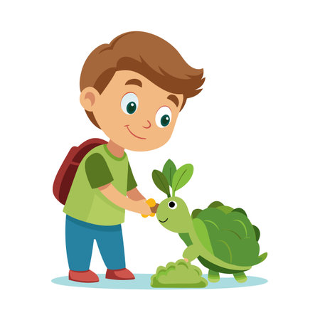Young boy with backpack feeding a cartoon turtle leaves against a white backgroundのイラスト素材