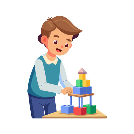 Young boy engrossed in building a tower with colorful wooden blocks on a tableのイラスト素材