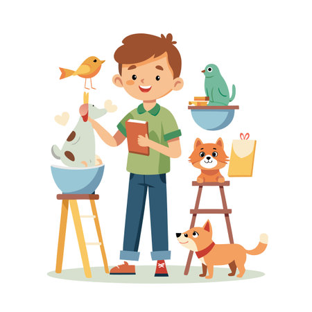 Happy young boy surrounded by pets in a stylized, bright cartoon illustrationのイラスト素材