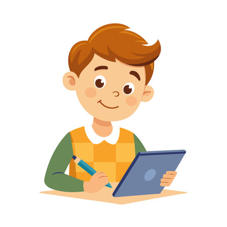 Cartoon boy with red hair diligently drawing or writing on a digital tablet on a deskのイラスト素材